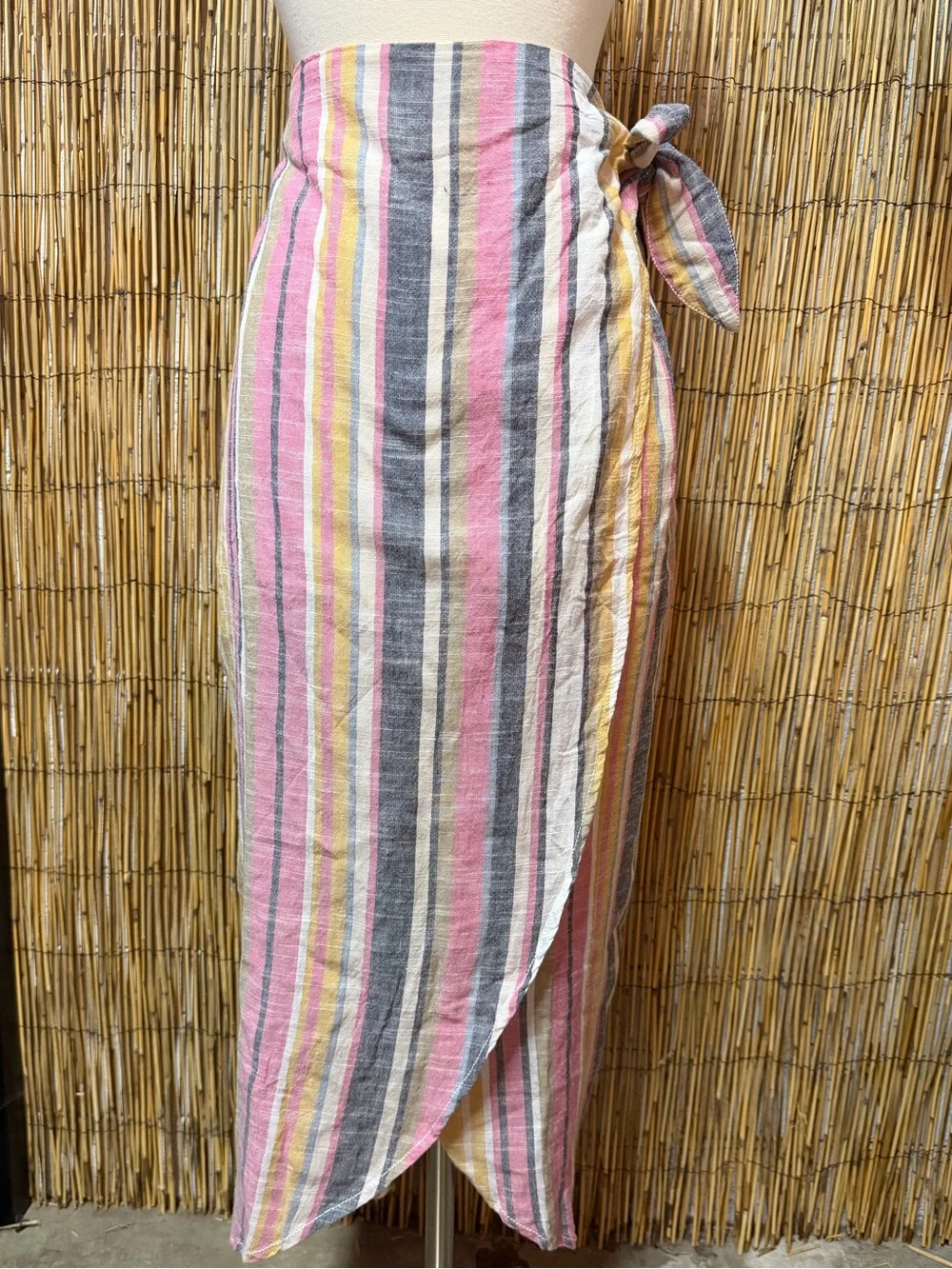 Free People Striped Wrap Midi Skirt Pink Yellow Gray Cotton Size 10